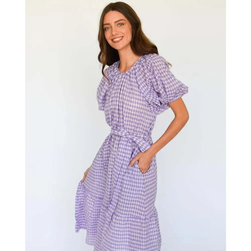 Never A Wallflower Puff Sleeve Burgundy Plaid Midi Dress Sz S - Picture 9 of 11